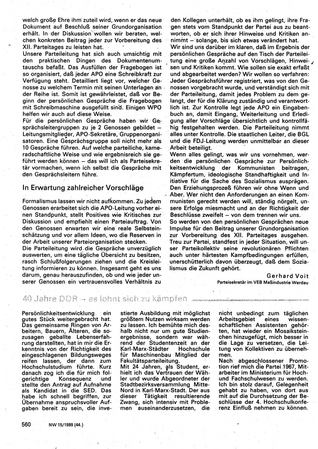 Neuer Weg (NW), Organ des Zentralkomitees (ZK) der SED (Sozialistische Einheitspartei Deutschlands) für Fragen des Parteilebens, 44. Jahrgang [Deutsche Demokratische Republik (DDR)] 1989, Seite 560 (NW ZK SED DDR 1989, S. 560)