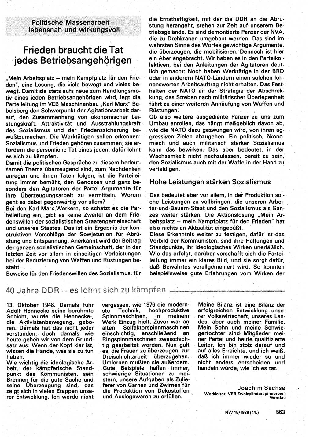 Neuer Weg (NW), Organ des Zentralkomitees (ZK) der SED (Sozialistische Einheitspartei Deutschlands) für Fragen des Parteilebens, 44. Jahrgang [Deutsche Demokratische Republik (DDR)] 1989, Seite 563 (NW ZK SED DDR 1989, S. 563)