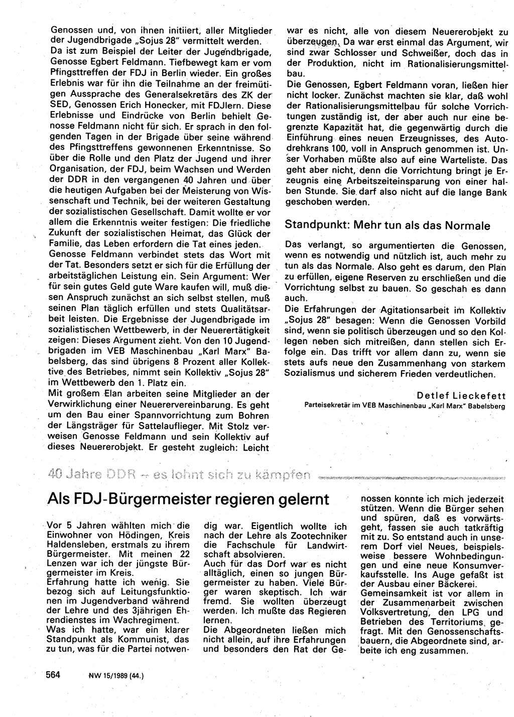 Neuer Weg (NW), Organ des Zentralkomitees (ZK) der SED (Sozialistische Einheitspartei Deutschlands) für Fragen des Parteilebens, 44. Jahrgang [Deutsche Demokratische Republik (DDR)] 1989, Seite 564 (NW ZK SED DDR 1989, S. 564)