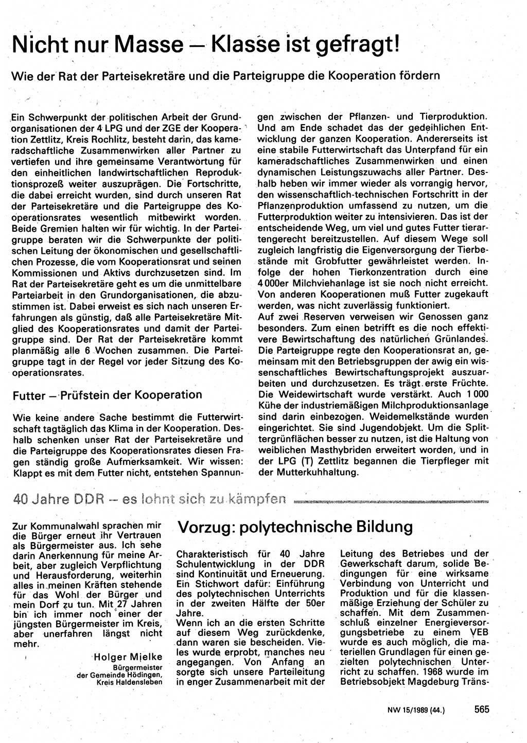 Neuer Weg (NW), Organ des Zentralkomitees (ZK) der SED (Sozialistische Einheitspartei Deutschlands) für Fragen des Parteilebens, 44. Jahrgang [Deutsche Demokratische Republik (DDR)] 1989, Seite 565 (NW ZK SED DDR 1989, S. 565)