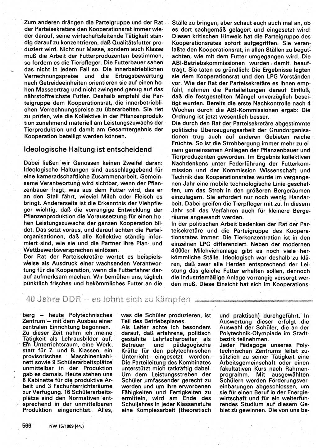 Neuer Weg (NW), Organ des Zentralkomitees (ZK) der SED (Sozialistische Einheitspartei Deutschlands) für Fragen des Parteilebens, 44. Jahrgang [Deutsche Demokratische Republik (DDR)] 1989, Seite 566 (NW ZK SED DDR 1989, S. 566)