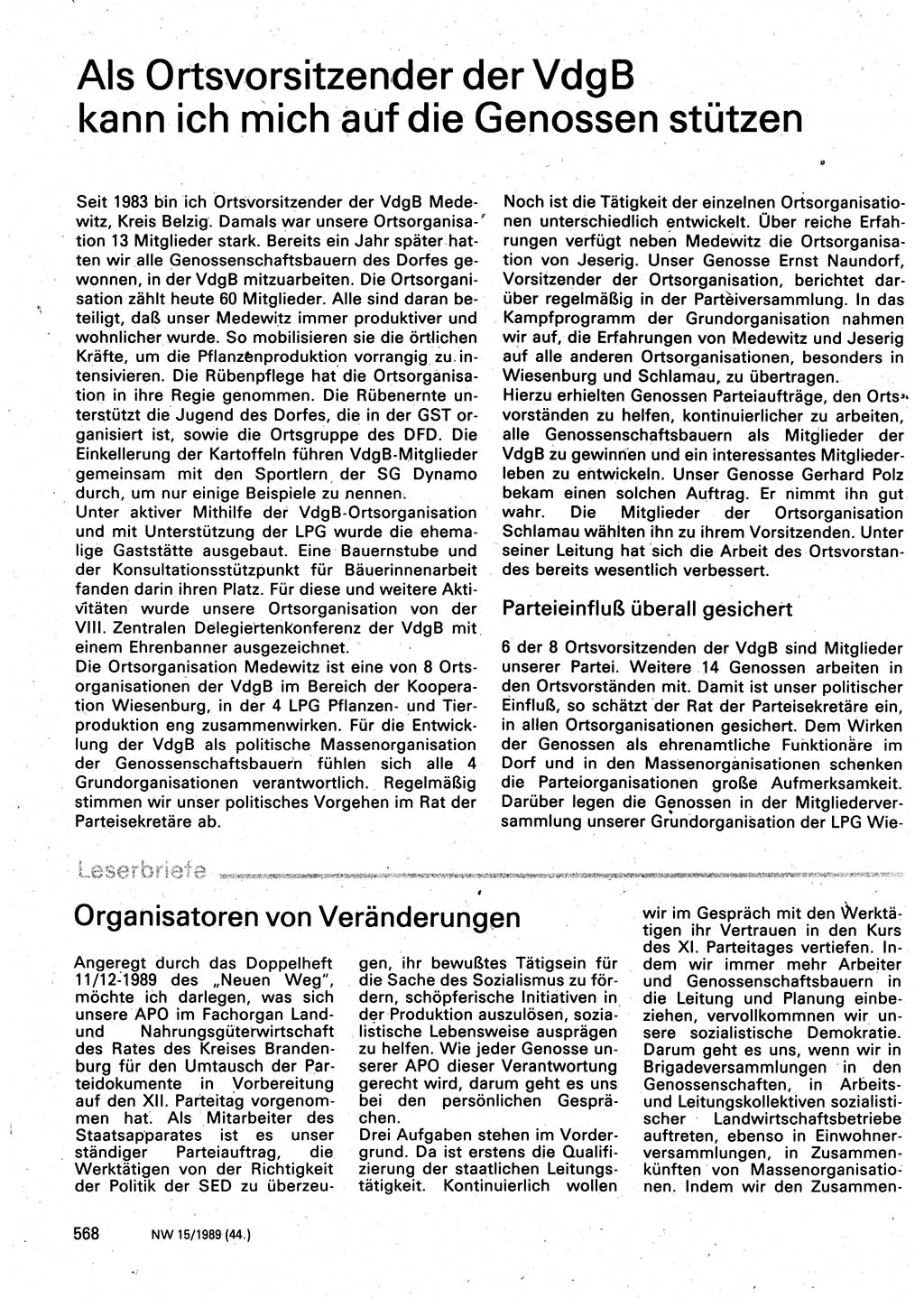 Neuer Weg (NW), Organ des Zentralkomitees (ZK) der SED (Sozialistische Einheitspartei Deutschlands) für Fragen des Parteilebens, 44. Jahrgang [Deutsche Demokratische Republik (DDR)] 1989, Seite 568 (NW ZK SED DDR 1989, S. 568)