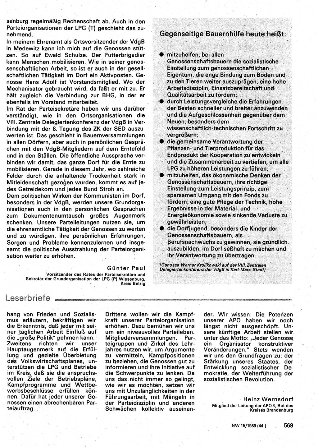Neuer Weg (NW), Organ des Zentralkomitees (ZK) der SED (Sozialistische Einheitspartei Deutschlands) für Fragen des Parteilebens, 44. Jahrgang [Deutsche Demokratische Republik (DDR)] 1989, Seite 569 (NW ZK SED DDR 1989, S. 569)