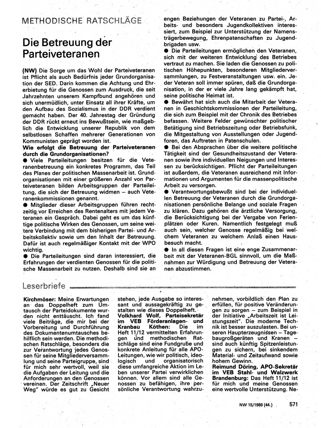 Neuer Weg (NW), Organ des Zentralkomitees (ZK) der SED (Sozialistische Einheitspartei Deutschlands) für Fragen des Parteilebens, 44. Jahrgang [Deutsche Demokratische Republik (DDR)] 1989, Seite 571 (NW ZK SED DDR 1989, S. 571)