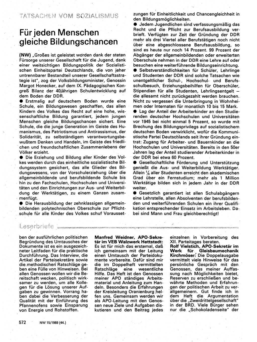 Neuer Weg (NW), Organ des Zentralkomitees (ZK) der SED (Sozialistische Einheitspartei Deutschlands) für Fragen des Parteilebens, 44. Jahrgang [Deutsche Demokratische Republik (DDR)] 1989, Seite 572 (NW ZK SED DDR 1989, S. 572)