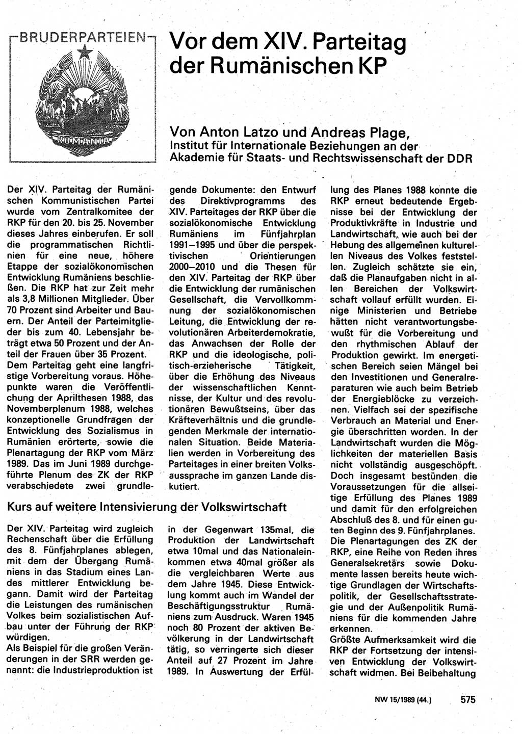 Neuer Weg (NW), Organ des Zentralkomitees (ZK) der SED (Sozialistische Einheitspartei Deutschlands) für Fragen des Parteilebens, 44. Jahrgang [Deutsche Demokratische Republik (DDR)] 1989, Seite 575 (NW ZK SED DDR 1989, S. 575)