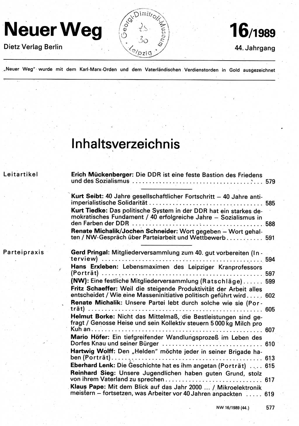 Neuer Weg (NW), Organ des Zentralkomitees (ZK) der SED (Sozialistische Einheitspartei Deutschlands) für Fragen des Parteilebens, 44. Jahrgang [Deutsche Demokratische Republik (DDR)] 1989, Seite 577 (NW ZK SED DDR 1989, S. 577)