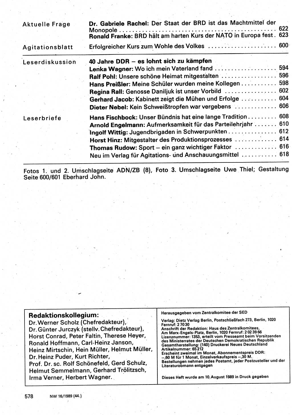 Neuer Weg (NW), Organ des Zentralkomitees (ZK) der SED (Sozialistische Einheitspartei Deutschlands) für Fragen des Parteilebens, 44. Jahrgang [Deutsche Demokratische Republik (DDR)] 1989, Seite 578 (NW ZK SED DDR 1989, S. 578)