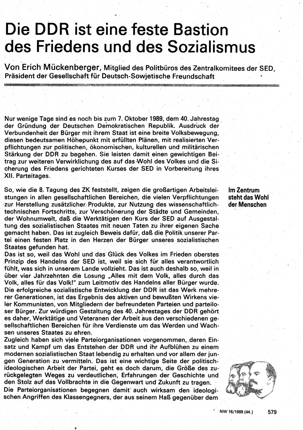 Neuer Weg (NW), Organ des Zentralkomitees (ZK) der SED (Sozialistische Einheitspartei Deutschlands) für Fragen des Parteilebens, 44. Jahrgang [Deutsche Demokratische Republik (DDR)] 1989, Seite 579 (NW ZK SED DDR 1989, S. 579)