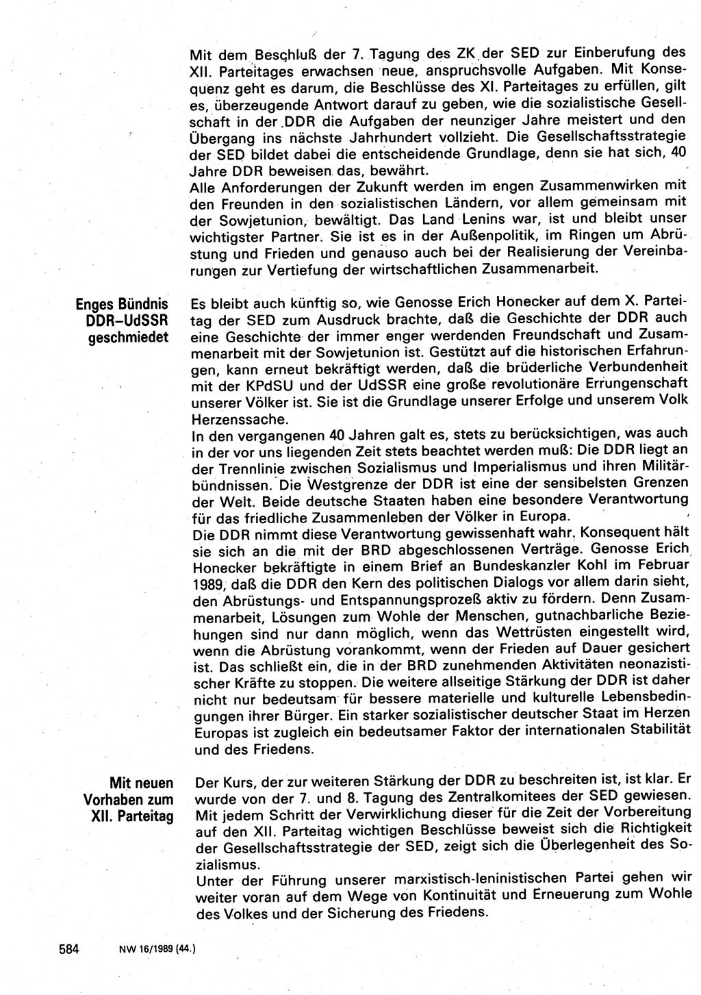 Neuer Weg (NW), Organ des Zentralkomitees (ZK) der SED (Sozialistische Einheitspartei Deutschlands) fÃ¼r Fragen des Parteilebens, 44. Jahrgang [Deutsche Demokratische Republik (DDR)] 1989, Seite 584 (NW ZK SED DDR 1989, S. 584)