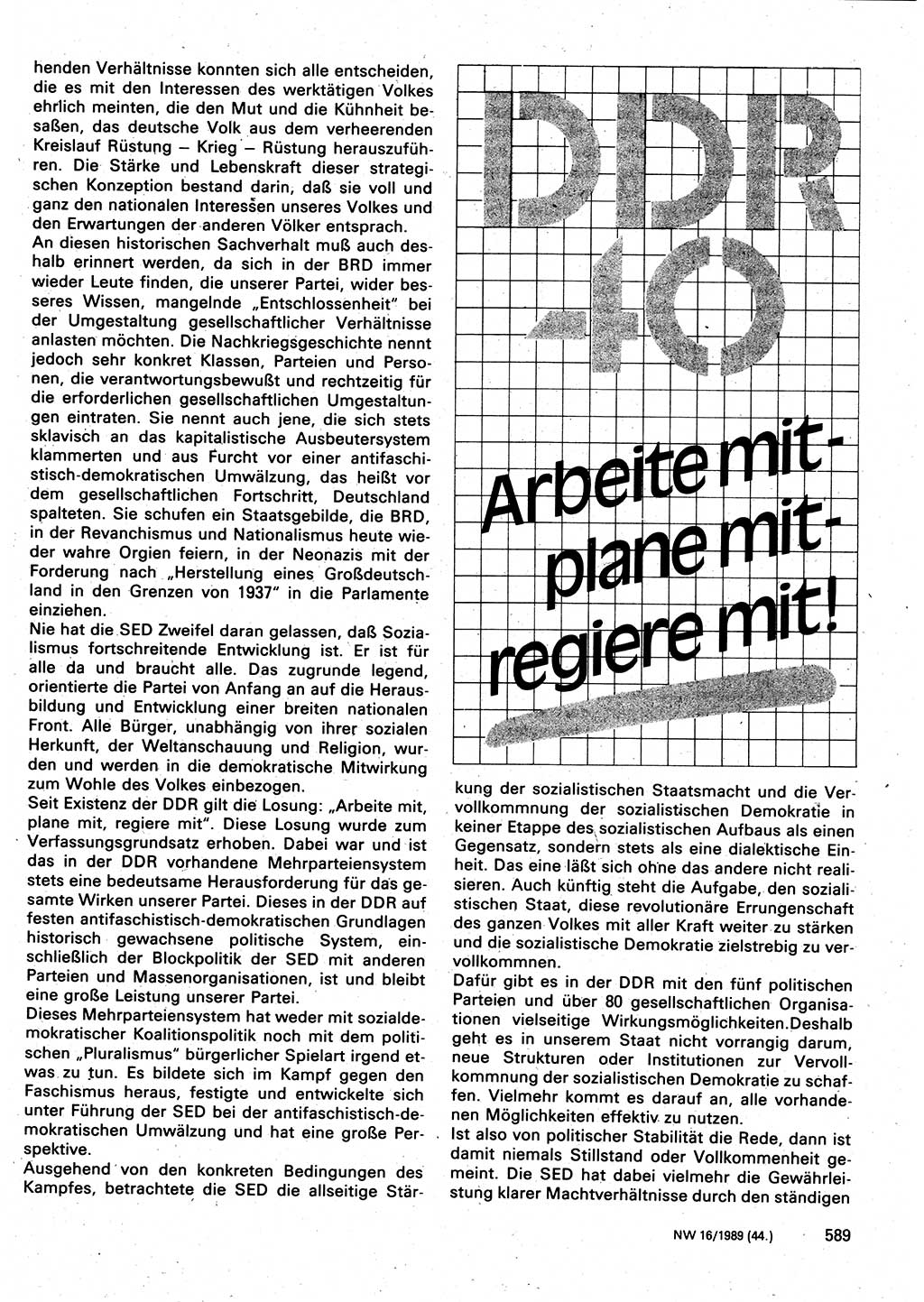 Neuer Weg (NW), Organ des Zentralkomitees (ZK) der SED (Sozialistische Einheitspartei Deutschlands) für Fragen des Parteilebens, 44. Jahrgang [Deutsche Demokratische Republik (DDR)] 1989, Seite 589 (NW ZK SED DDR 1989, S. 589)