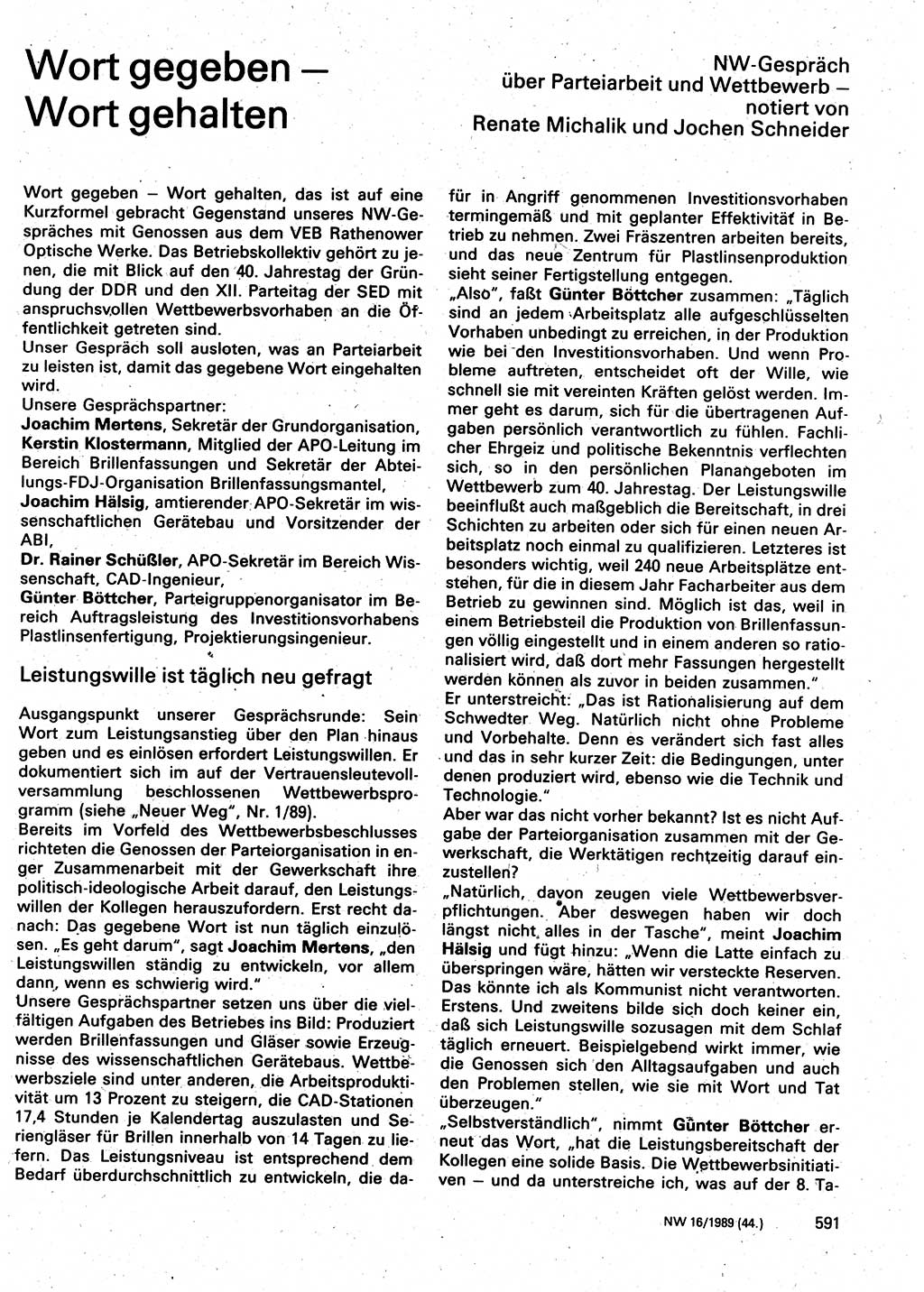 Neuer Weg (NW), Organ des Zentralkomitees (ZK) der SED (Sozialistische Einheitspartei Deutschlands) für Fragen des Parteilebens, 44. Jahrgang [Deutsche Demokratische Republik (DDR)] 1989, Seite 591 (NW ZK SED DDR 1989, S. 591)