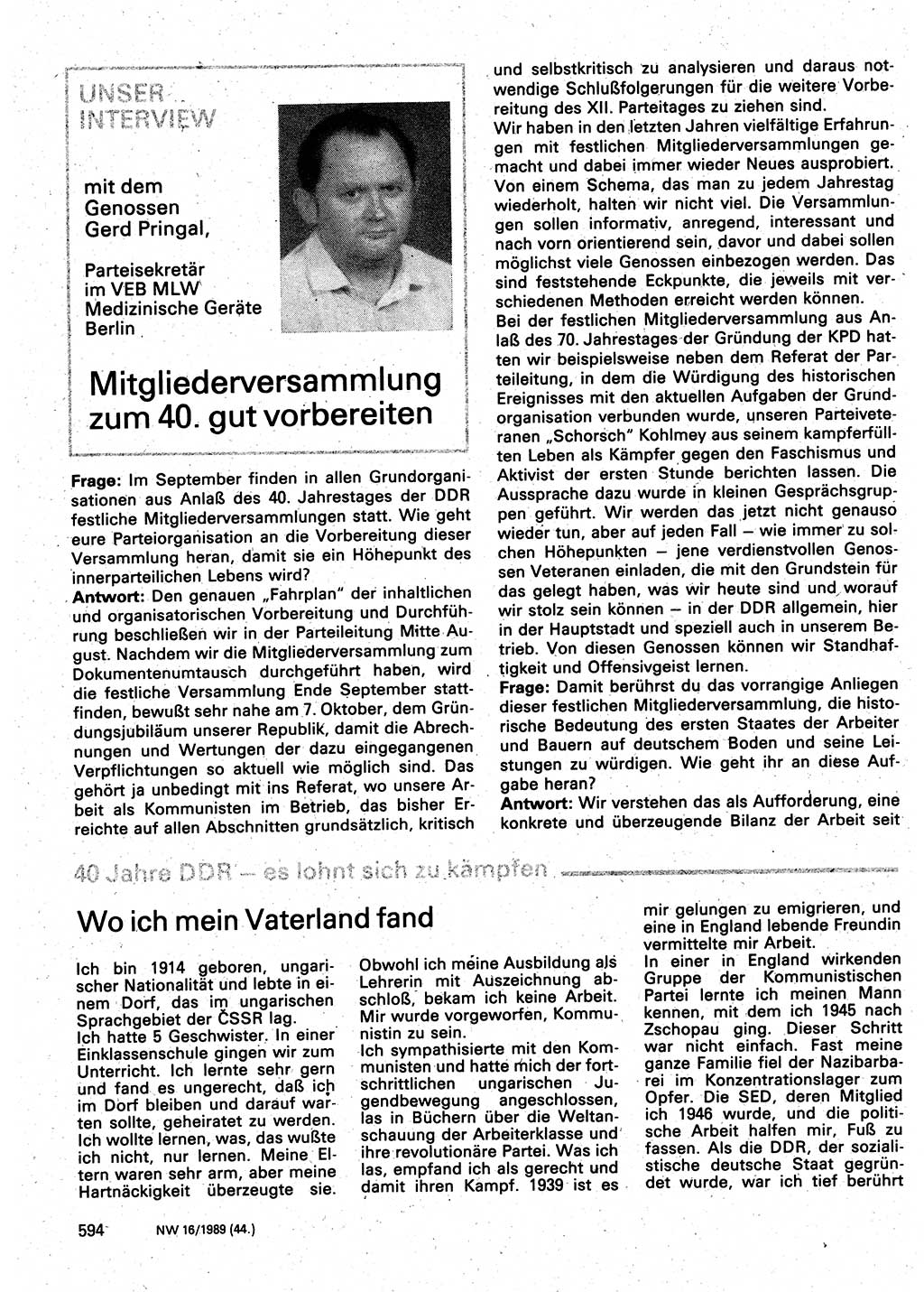 Neuer Weg (NW), Organ des Zentralkomitees (ZK) der SED (Sozialistische Einheitspartei Deutschlands) für Fragen des Parteilebens, 44. Jahrgang [Deutsche Demokratische Republik (DDR)] 1989, Seite 594 (NW ZK SED DDR 1989, S. 594)