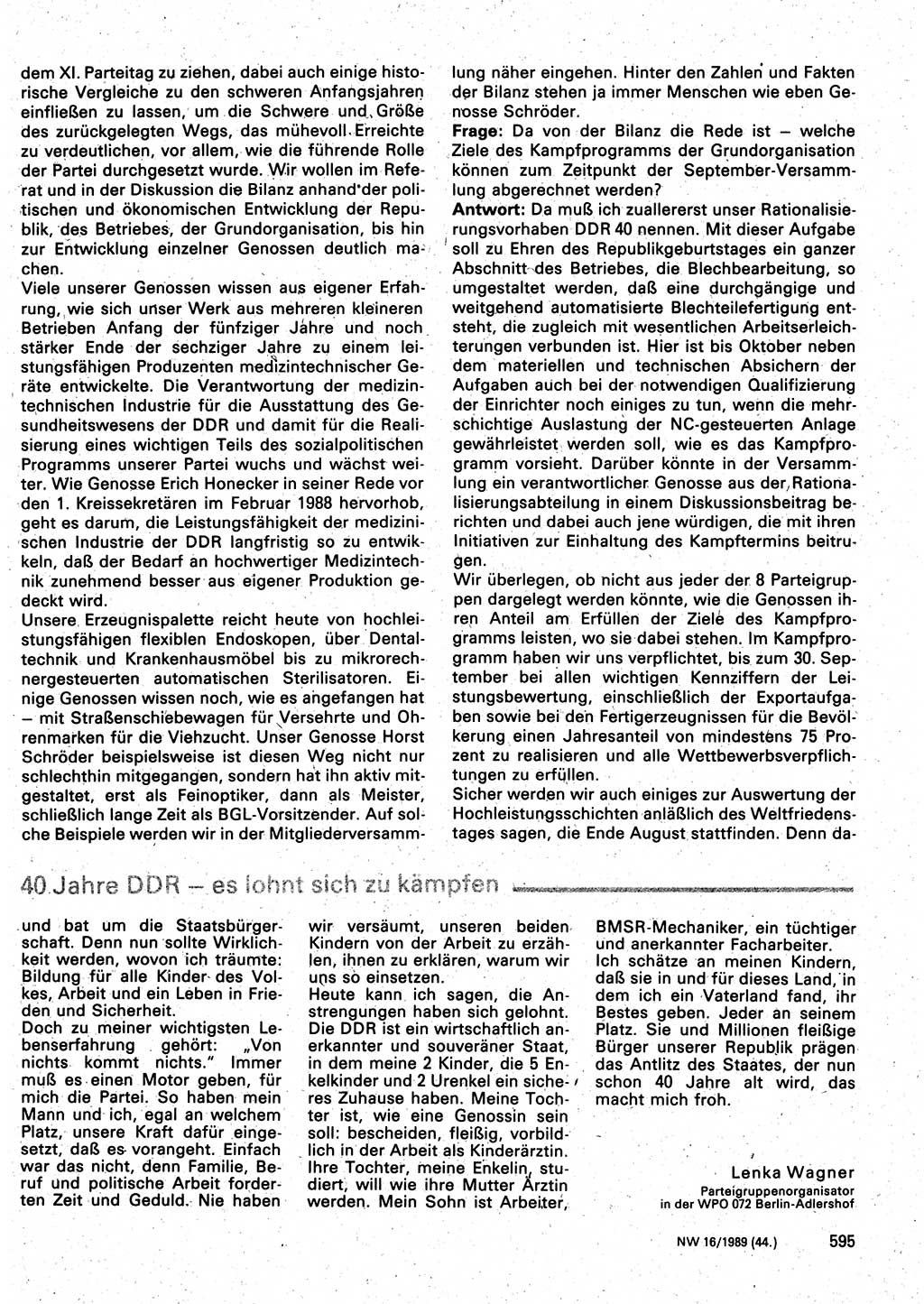 Neuer Weg (NW), Organ des Zentralkomitees (ZK) der SED (Sozialistische Einheitspartei Deutschlands) für Fragen des Parteilebens, 44. Jahrgang [Deutsche Demokratische Republik (DDR)] 1989, Seite 595 (NW ZK SED DDR 1989, S. 595)