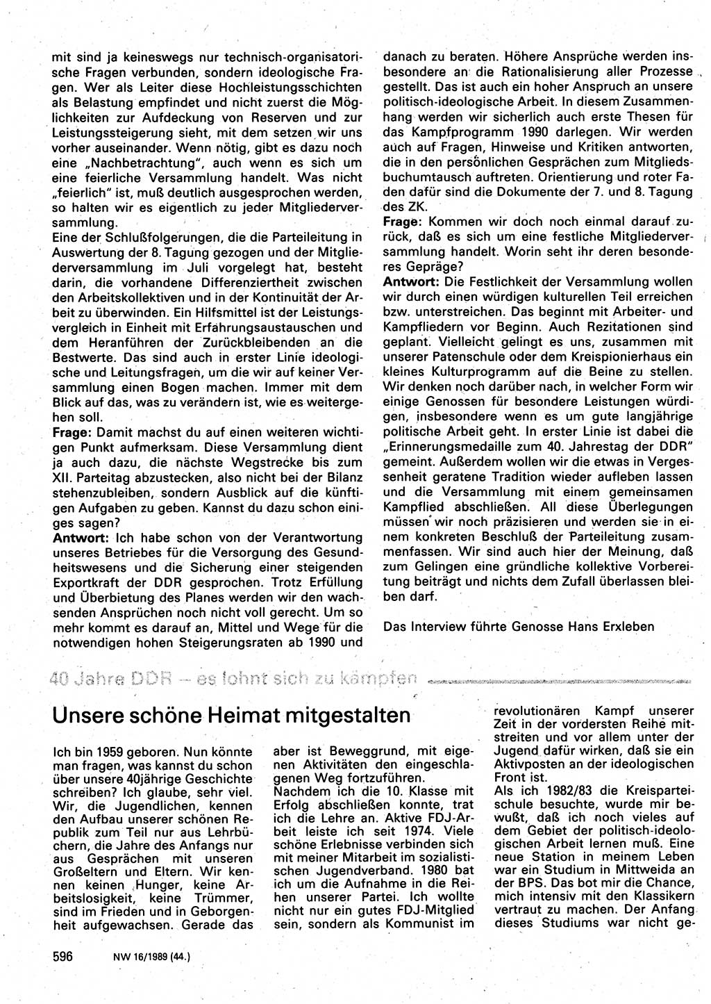 Neuer Weg (NW), Organ des Zentralkomitees (ZK) der SED (Sozialistische Einheitspartei Deutschlands) für Fragen des Parteilebens, 44. Jahrgang [Deutsche Demokratische Republik (DDR)] 1989, Seite 596 (NW ZK SED DDR 1989, S. 596)
