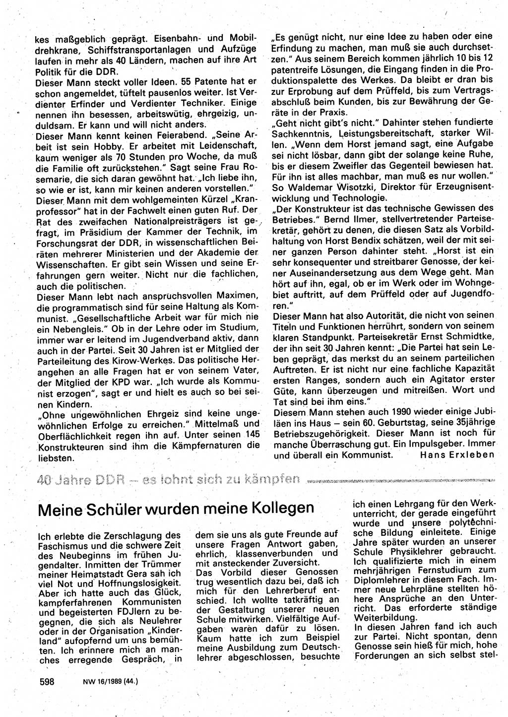 Neuer Weg (NW), Organ des Zentralkomitees (ZK) der SED (Sozialistische Einheitspartei Deutschlands) für Fragen des Parteilebens, 44. Jahrgang [Deutsche Demokratische Republik (DDR)] 1989, Seite 598 (NW ZK SED DDR 1989, S. 598)