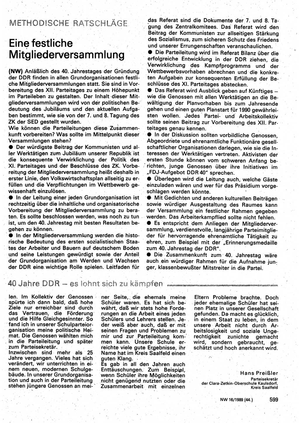 Neuer Weg (NW), Organ des Zentralkomitees (ZK) der SED (Sozialistische Einheitspartei Deutschlands) für Fragen des Parteilebens, 44. Jahrgang [Deutsche Demokratische Republik (DDR)] 1989, Seite 599 (NW ZK SED DDR 1989, S. 599)