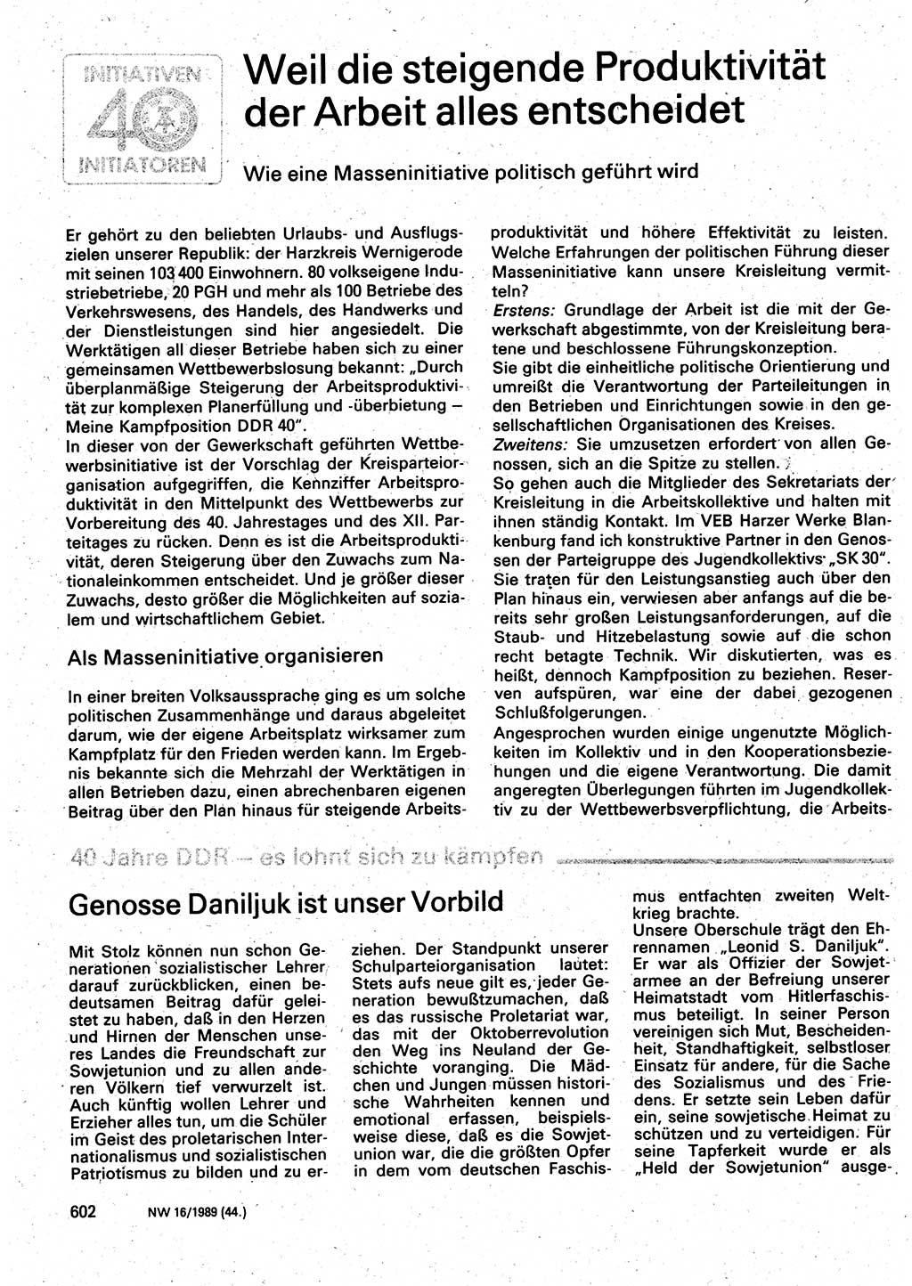 Neuer Weg (NW), Organ des Zentralkomitees (ZK) der SED (Sozialistische Einheitspartei Deutschlands) für Fragen des Parteilebens, 44. Jahrgang [Deutsche Demokratische Republik (DDR)] 1989, Seite 602 (NW ZK SED DDR 1989, S. 602)