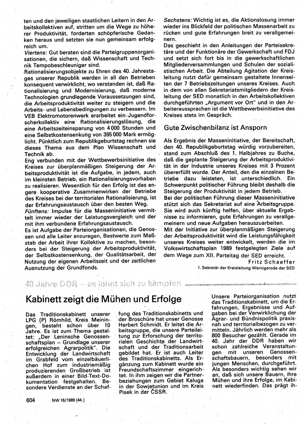 Neuer Weg (NW), Organ des Zentralkomitees (ZK) der SED (Sozialistische Einheitspartei Deutschlands) für Fragen des Parteilebens, 44. Jahrgang [Deutsche Demokratische Republik (DDR)] 1989, Seite 604 (NW ZK SED DDR 1989, S. 604)
