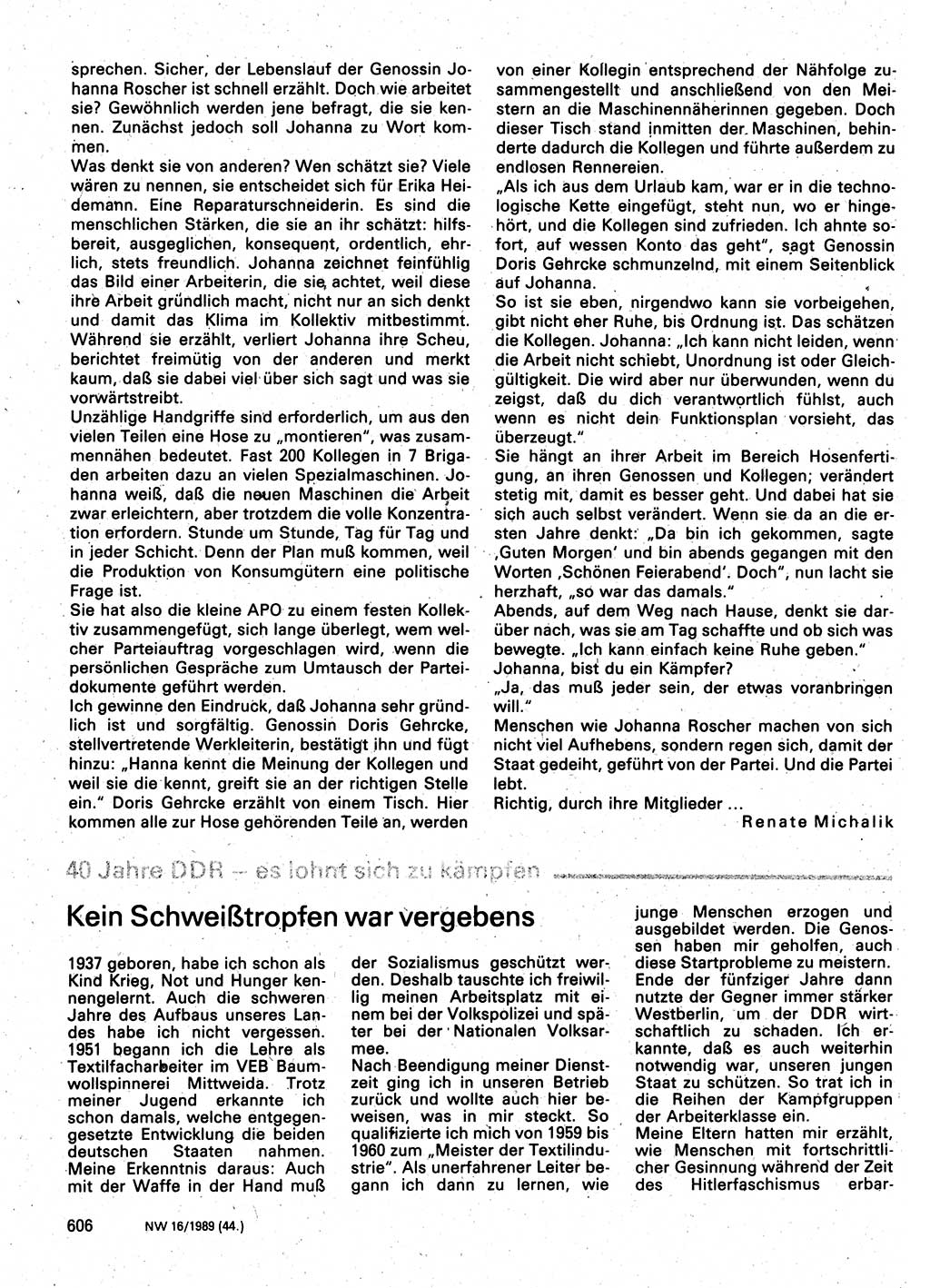 Neuer Weg (NW), Organ des Zentralkomitees (ZK) der SED (Sozialistische Einheitspartei Deutschlands) für Fragen des Parteilebens, 44. Jahrgang [Deutsche Demokratische Republik (DDR)] 1989, Seite 606 (NW ZK SED DDR 1989, S. 606)