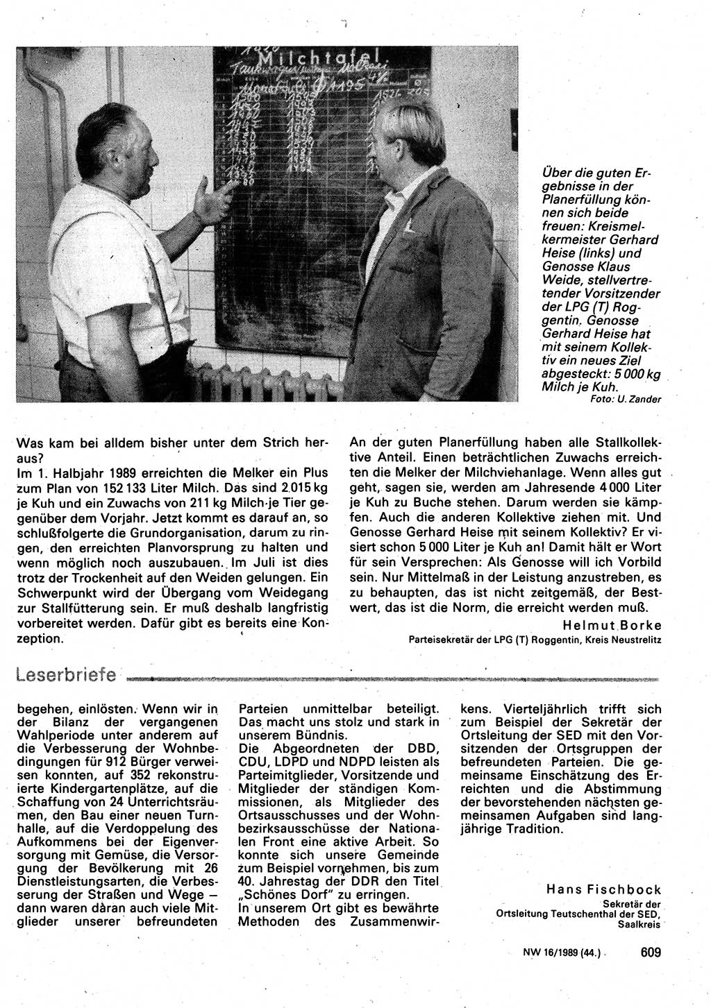Neuer Weg (NW), Organ des Zentralkomitees (ZK) der SED (Sozialistische Einheitspartei Deutschlands) für Fragen des Parteilebens, 44. Jahrgang [Deutsche Demokratische Republik (DDR)] 1989, Seite 609 (NW ZK SED DDR 1989, S. 609)