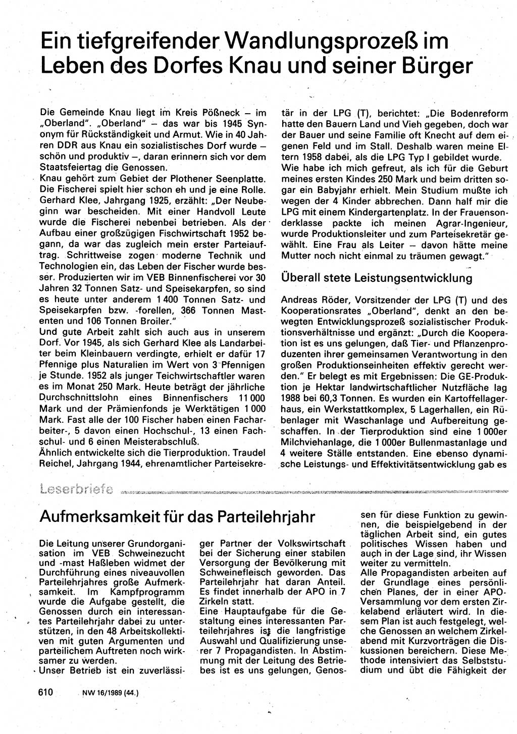 Neuer Weg (NW), Organ des Zentralkomitees (ZK) der SED (Sozialistische Einheitspartei Deutschlands) für Fragen des Parteilebens, 44. Jahrgang [Deutsche Demokratische Republik (DDR)] 1989, Seite 610 (NW ZK SED DDR 1989, S. 610)