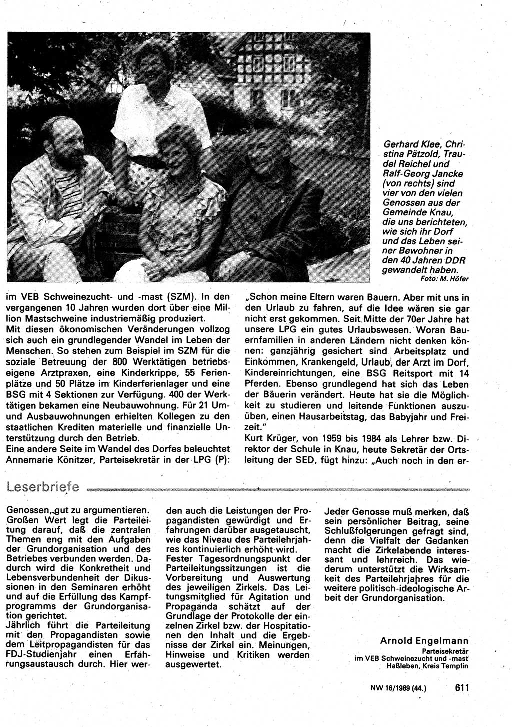 Neuer Weg (NW), Organ des Zentralkomitees (ZK) der SED (Sozialistische Einheitspartei Deutschlands) für Fragen des Parteilebens, 44. Jahrgang [Deutsche Demokratische Republik (DDR)] 1989, Seite 611 (NW ZK SED DDR 1989, S. 611)