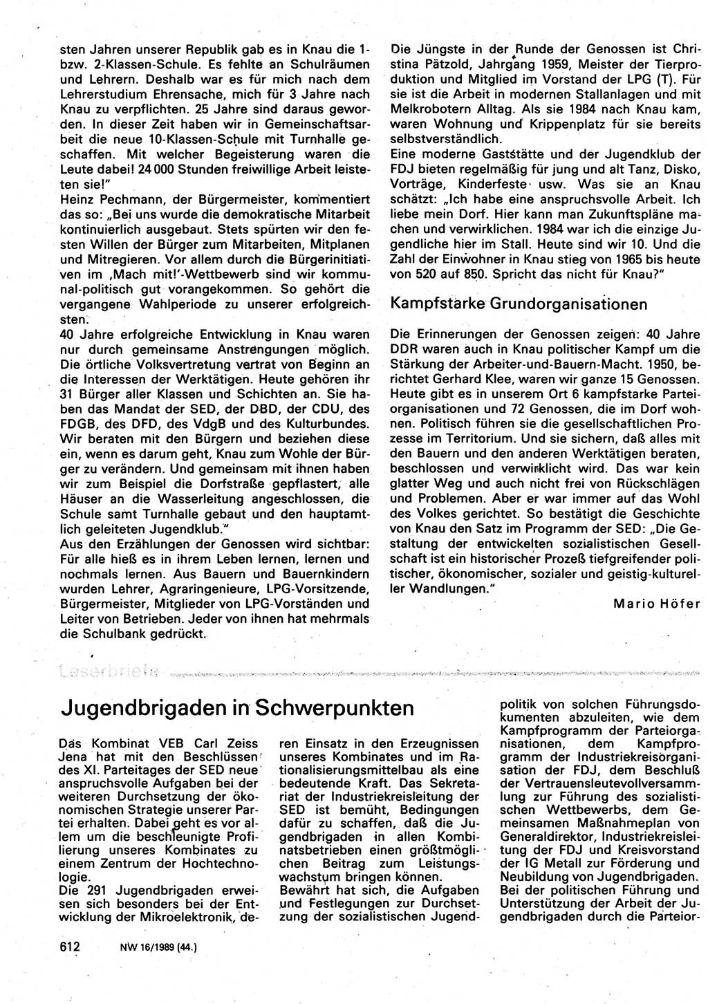 Neuer Weg (NW), Organ des Zentralkomitees (ZK) der SED (Sozialistische Einheitspartei Deutschlands) für Fragen des Parteilebens, 44. Jahrgang [Deutsche Demokratische Republik (DDR)] 1989, Seite 612 (NW ZK SED DDR 1989, S. 612)