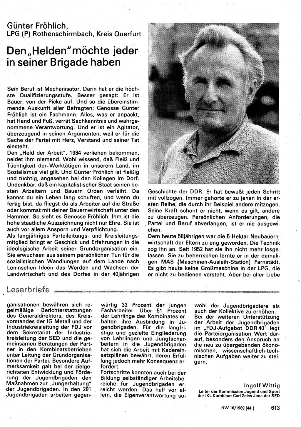 Neuer Weg (NW), Organ des Zentralkomitees (ZK) der SED (Sozialistische Einheitspartei Deutschlands) für Fragen des Parteilebens, 44. Jahrgang [Deutsche Demokratische Republik (DDR)] 1989, Seite 613 (NW ZK SED DDR 1989, S. 613)