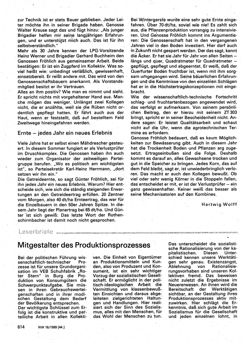 Neuer Weg (NW), Organ des Zentralkomitees (ZK) der SED (Sozialistische Einheitspartei Deutschlands) für Fragen des Parteilebens, 44. Jahrgang [Deutsche Demokratische Republik (DDR)] 1989, Seite 614 (NW ZK SED DDR 1989, S. 614)