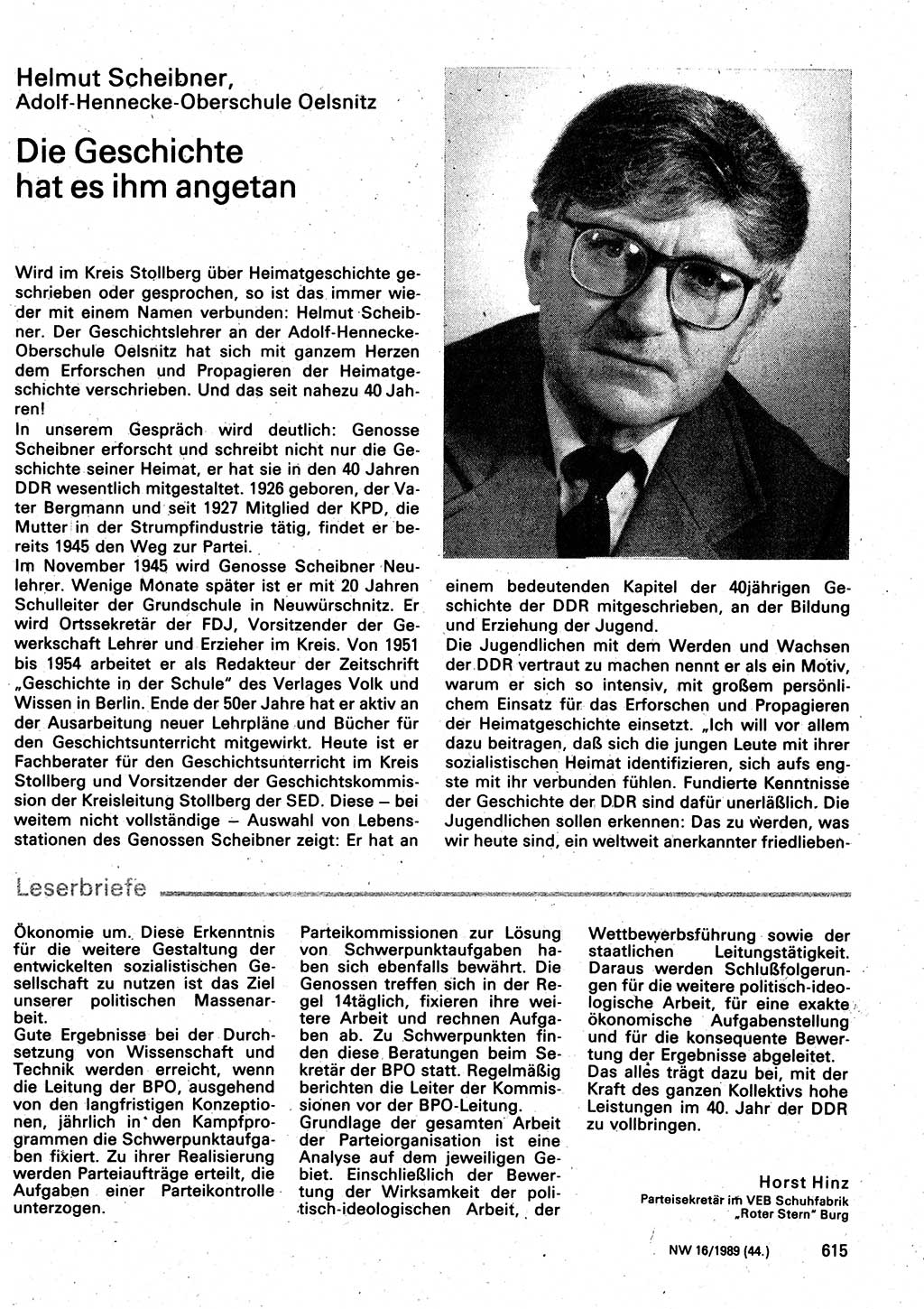 Neuer Weg (NW), Organ des Zentralkomitees (ZK) der SED (Sozialistische Einheitspartei Deutschlands) für Fragen des Parteilebens, 44. Jahrgang [Deutsche Demokratische Republik (DDR)] 1989, Seite 615 (NW ZK SED DDR 1989, S. 615)