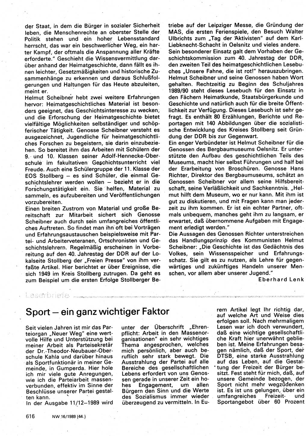 Neuer Weg (NW), Organ des Zentralkomitees (ZK) der SED (Sozialistische Einheitspartei Deutschlands) für Fragen des Parteilebens, 44. Jahrgang [Deutsche Demokratische Republik (DDR)] 1989, Seite 616 (NW ZK SED DDR 1989, S. 616)