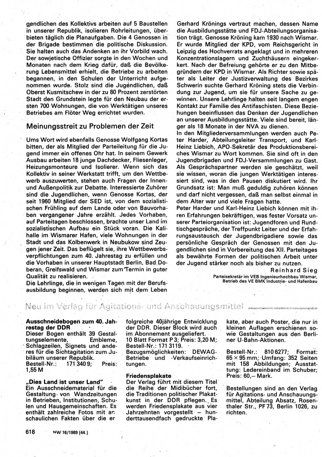 Neuer Weg (NW), Organ des Zentralkomitees (ZK) der SED (Sozialistische Einheitspartei Deutschlands) für Fragen des Parteilebens, 44. Jahrgang [Deutsche Demokratische Republik (DDR)] 1989, Seite 618 (NW ZK SED DDR 1989, S. 618)