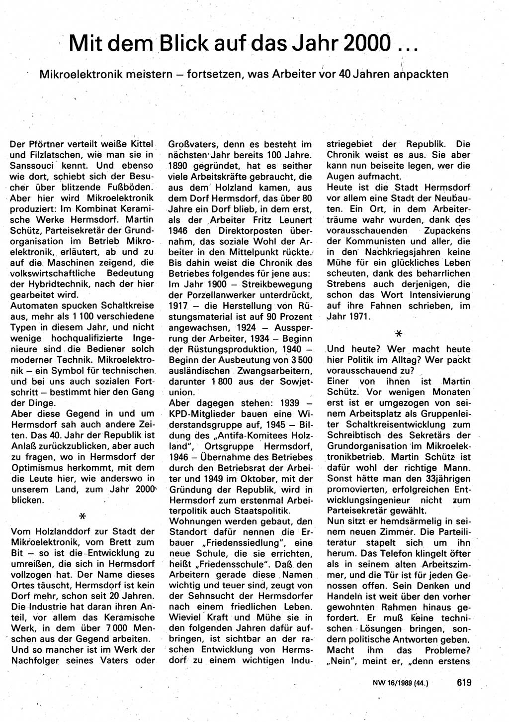 Neuer Weg (NW), Organ des Zentralkomitees (ZK) der SED (Sozialistische Einheitspartei Deutschlands) für Fragen des Parteilebens, 44. Jahrgang [Deutsche Demokratische Republik (DDR)] 1989, Seite 619 (NW ZK SED DDR 1989, S. 619)