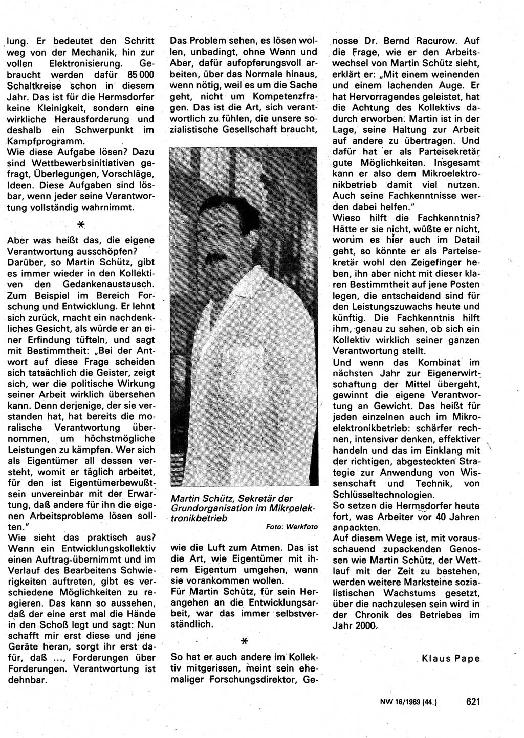 Neuer Weg (NW), Organ des Zentralkomitees (ZK) der SED (Sozialistische Einheitspartei Deutschlands) für Fragen des Parteilebens, 44. Jahrgang [Deutsche Demokratische Republik (DDR)] 1989, Seite 621 (NW ZK SED DDR 1989, S. 621)