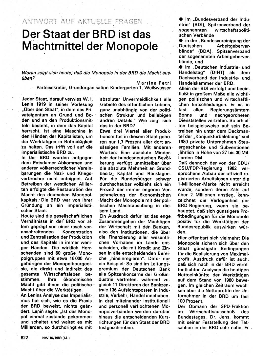Neuer Weg (NW), Organ des Zentralkomitees (ZK) der SED (Sozialistische Einheitspartei Deutschlands) für Fragen des Parteilebens, 44. Jahrgang [Deutsche Demokratische Republik (DDR)] 1989, Seite 622 (NW ZK SED DDR 1989, S. 622)