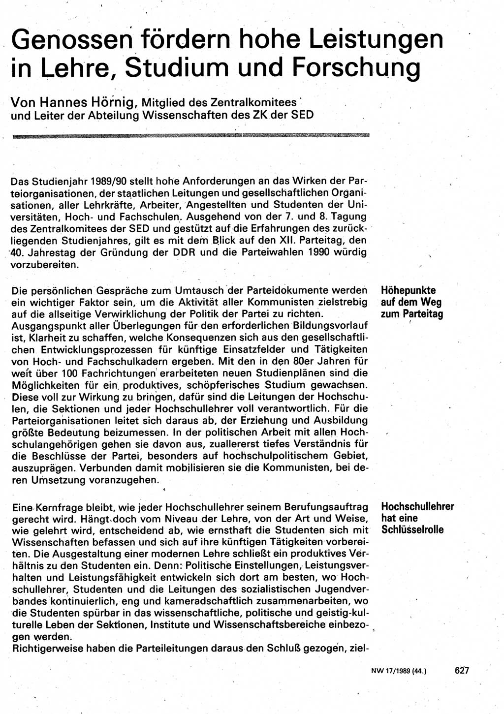 Neuer Weg (NW), Organ des Zentralkomitees (ZK) der SED (Sozialistische Einheitspartei Deutschlands) für Fragen des Parteilebens, 44. Jahrgang [Deutsche Demokratische Republik (DDR)] 1989, Seite 627 (NW ZK SED DDR 1989, S. 627)