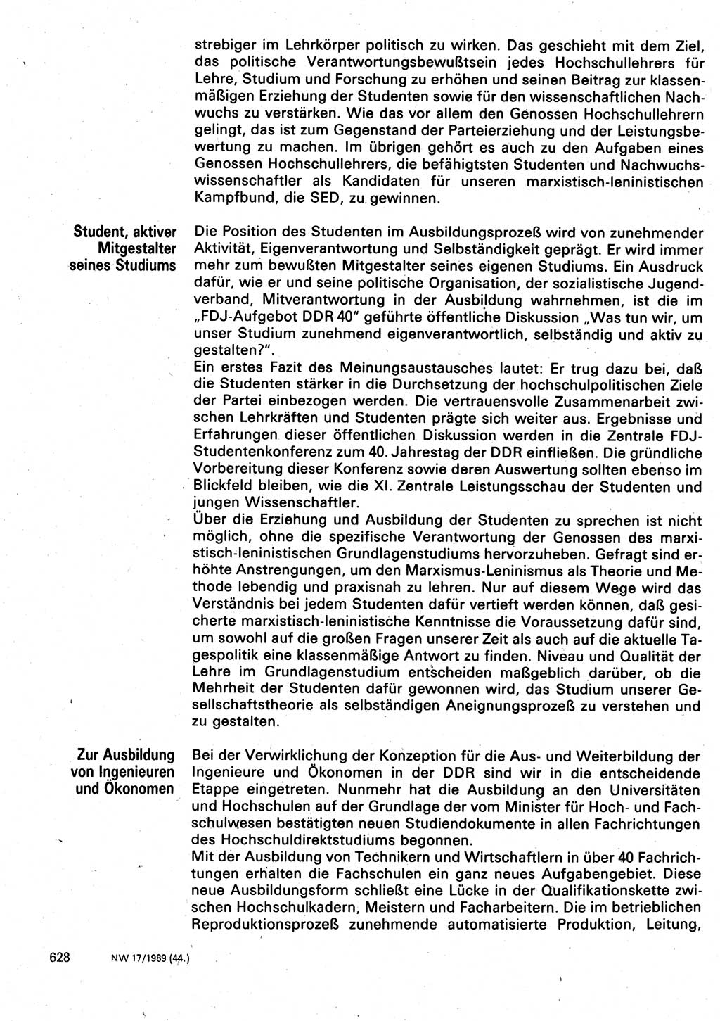 Neuer Weg (NW), Organ des Zentralkomitees (ZK) der SED (Sozialistische Einheitspartei Deutschlands) für Fragen des Parteilebens, 44. Jahrgang [Deutsche Demokratische Republik (DDR)] 1989, Seite 628 (NW ZK SED DDR 1989, S. 628)