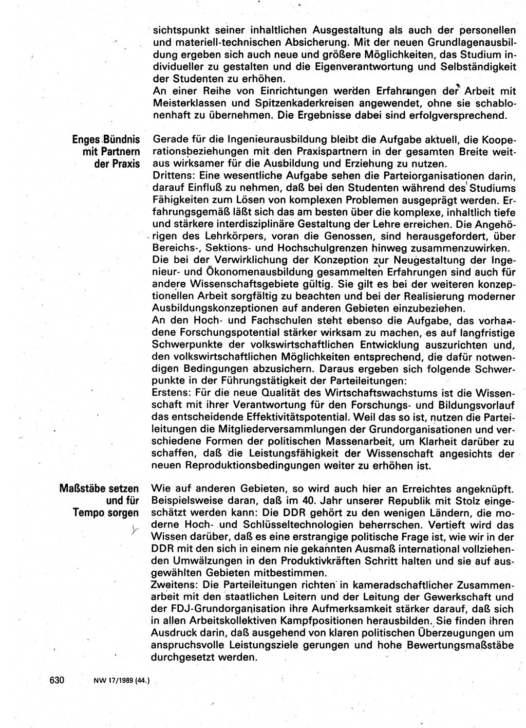 Neuer Weg (NW), Organ des Zentralkomitees (ZK) der SED (Sozialistische Einheitspartei Deutschlands) für Fragen des Parteilebens, 44. Jahrgang [Deutsche Demokratische Republik (DDR)] 1989, Seite 630 (NW ZK SED DDR 1989, S. 630)