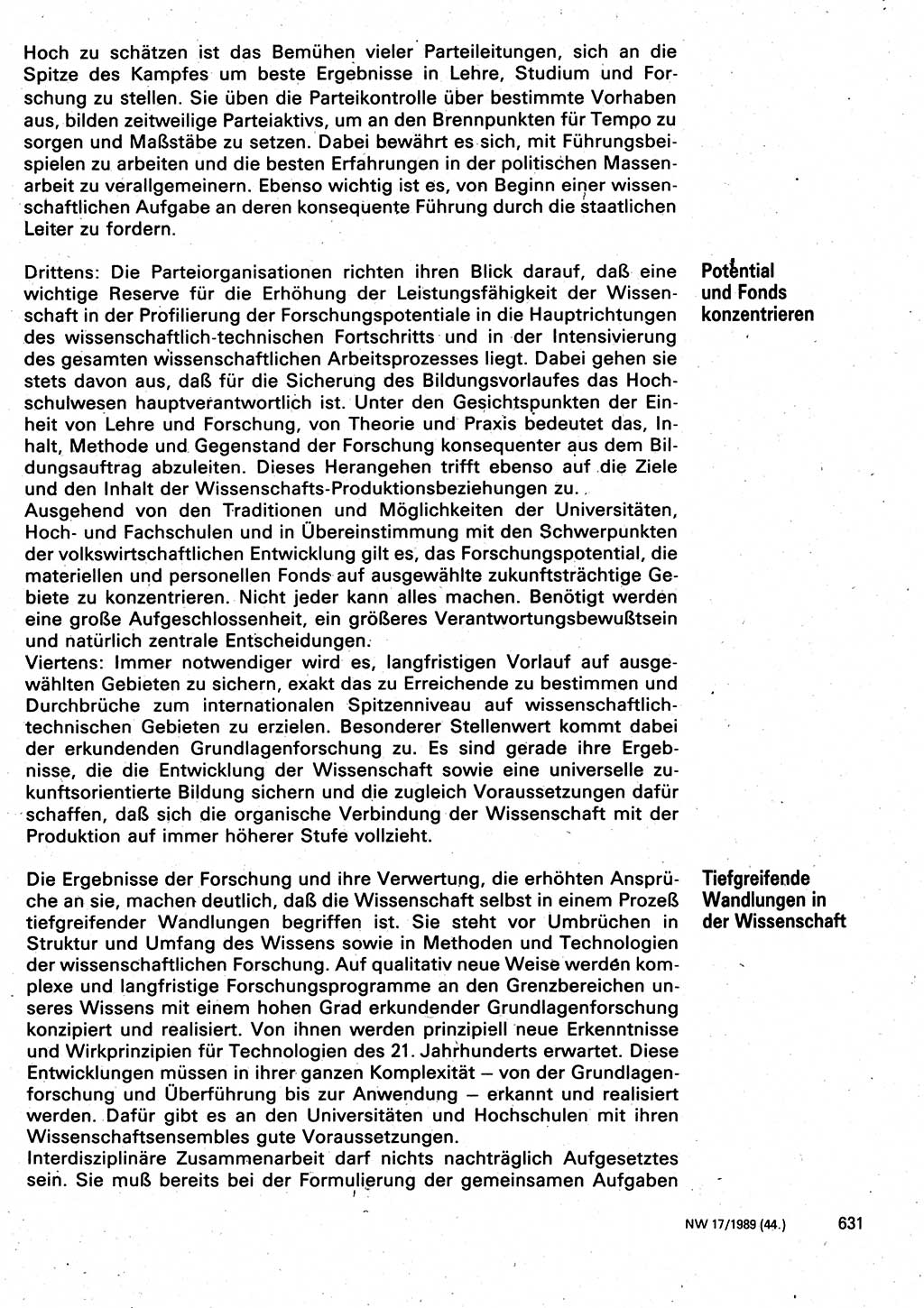 Neuer Weg (NW), Organ des Zentralkomitees (ZK) der SED (Sozialistische Einheitspartei Deutschlands) für Fragen des Parteilebens, 44. Jahrgang [Deutsche Demokratische Republik (DDR)] 1989, Seite 631 (NW ZK SED DDR 1989, S. 631)