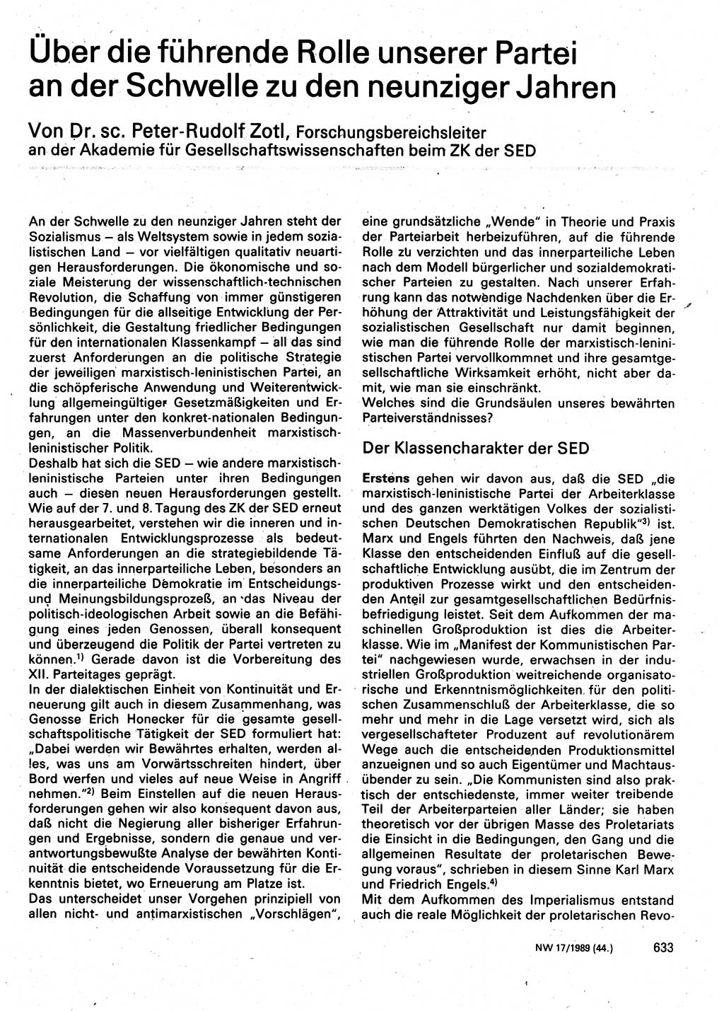 Neuer Weg (NW), Organ des Zentralkomitees (ZK) der SED (Sozialistische Einheitspartei Deutschlands) für Fragen des Parteilebens, 44. Jahrgang [Deutsche Demokratische Republik (DDR)] 1989, Seite 633 (NW ZK SED DDR 1989, S. 633)