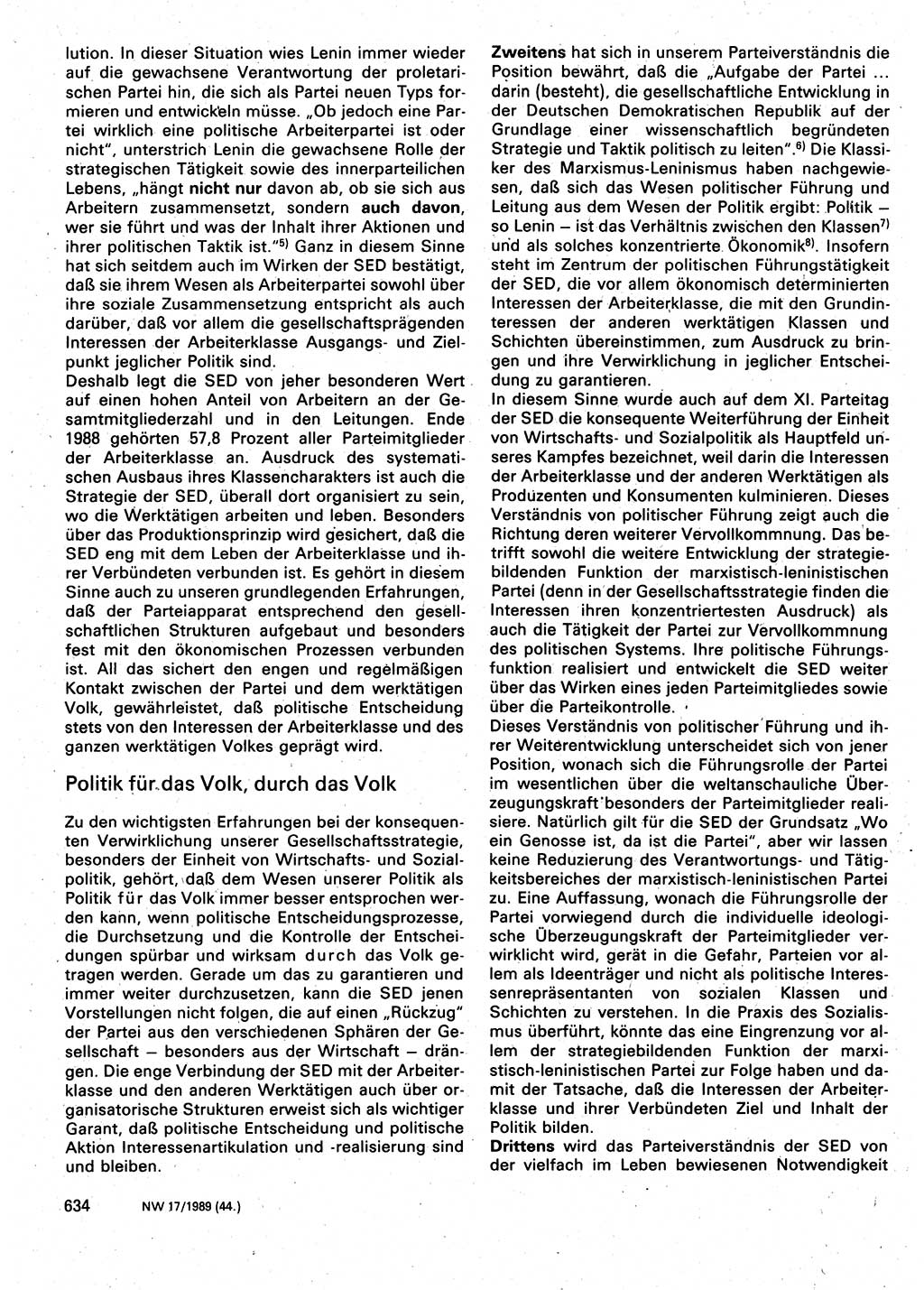 Neuer Weg (NW), Organ des Zentralkomitees (ZK) der SED (Sozialistische Einheitspartei Deutschlands) für Fragen des Parteilebens, 44. Jahrgang [Deutsche Demokratische Republik (DDR)] 1989, Seite 634 (NW ZK SED DDR 1989, S. 634)