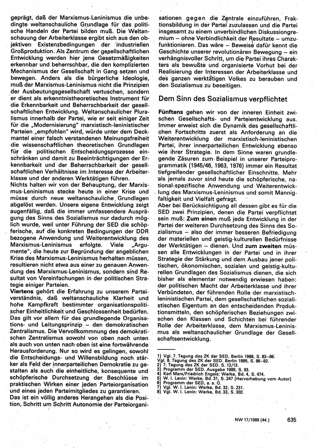 Neuer Weg (NW), Organ des Zentralkomitees (ZK) der SED (Sozialistische Einheitspartei Deutschlands) für Fragen des Parteilebens, 44. Jahrgang [Deutsche Demokratische Republik (DDR)] 1989, Seite 635 (NW ZK SED DDR 1989, S. 635)