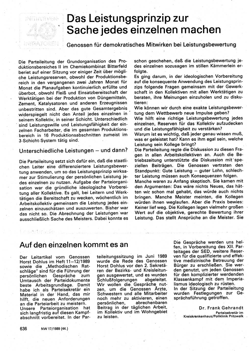 Neuer Weg (NW), Organ des Zentralkomitees (ZK) der SED (Sozialistische Einheitspartei Deutschlands) für Fragen des Parteilebens, 44. Jahrgang [Deutsche Demokratische Republik (DDR)] 1989, Seite 636 (NW ZK SED DDR 1989, S. 636)