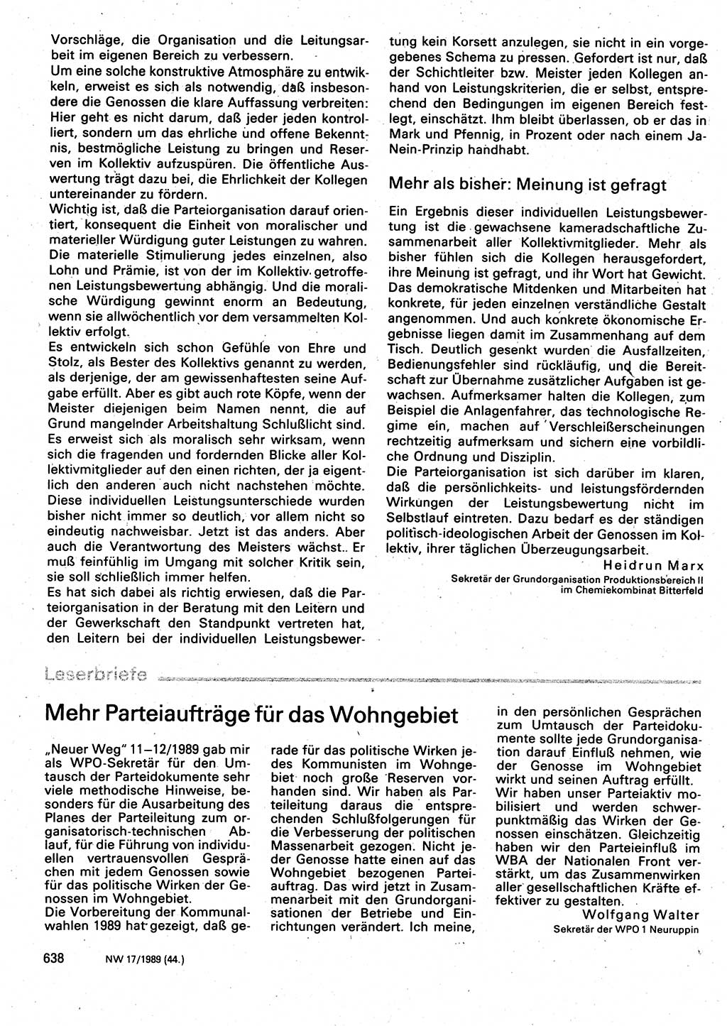 Neuer Weg (NW), Organ des Zentralkomitees (ZK) der SED (Sozialistische Einheitspartei Deutschlands) für Fragen des Parteilebens, 44. Jahrgang [Deutsche Demokratische Republik (DDR)] 1989, Seite 638 (NW ZK SED DDR 1989, S. 638)