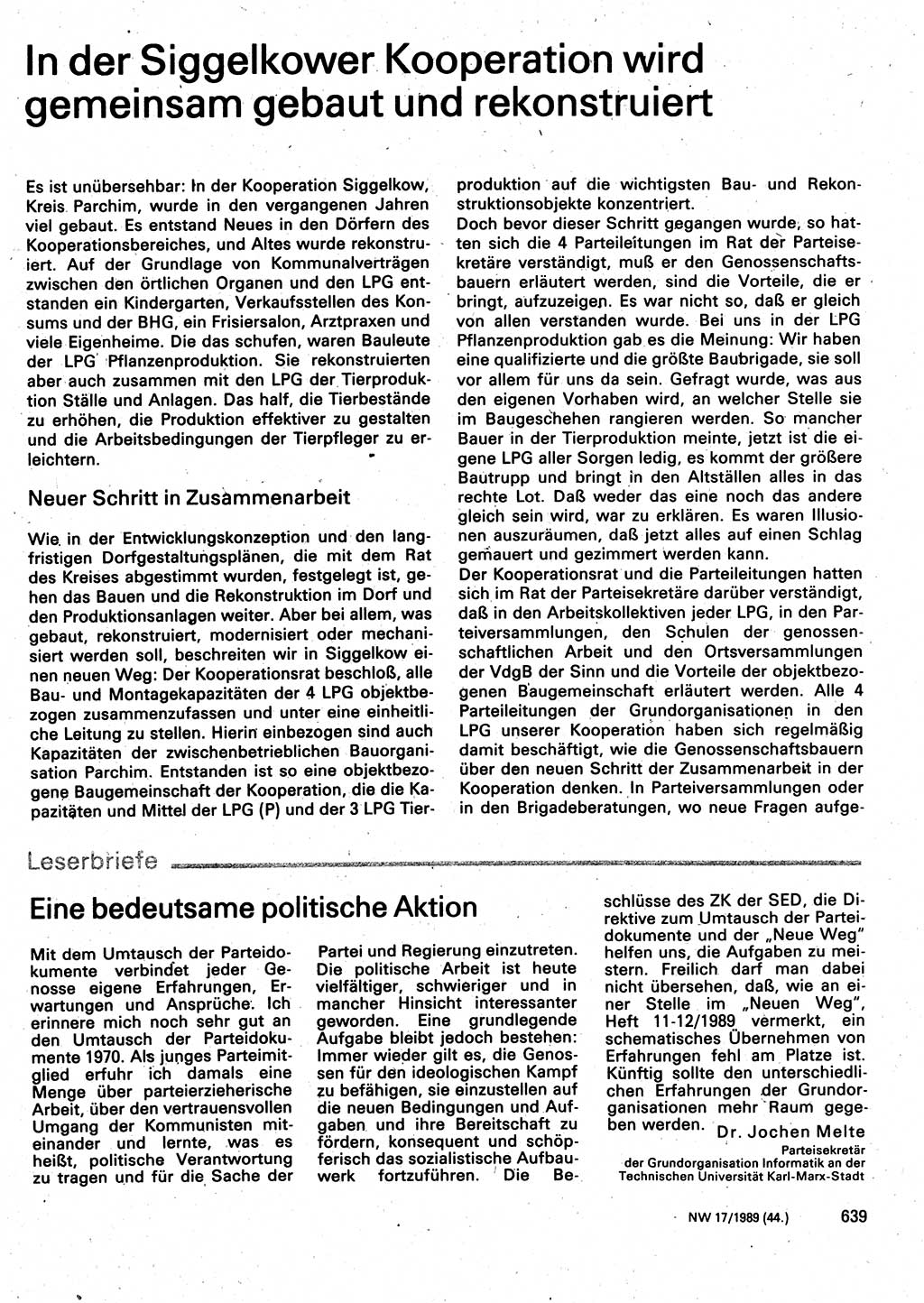 Neuer Weg (NW), Organ des Zentralkomitees (ZK) der SED (Sozialistische Einheitspartei Deutschlands) für Fragen des Parteilebens, 44. Jahrgang [Deutsche Demokratische Republik (DDR)] 1989, Seite 639 (NW ZK SED DDR 1989, S. 639)