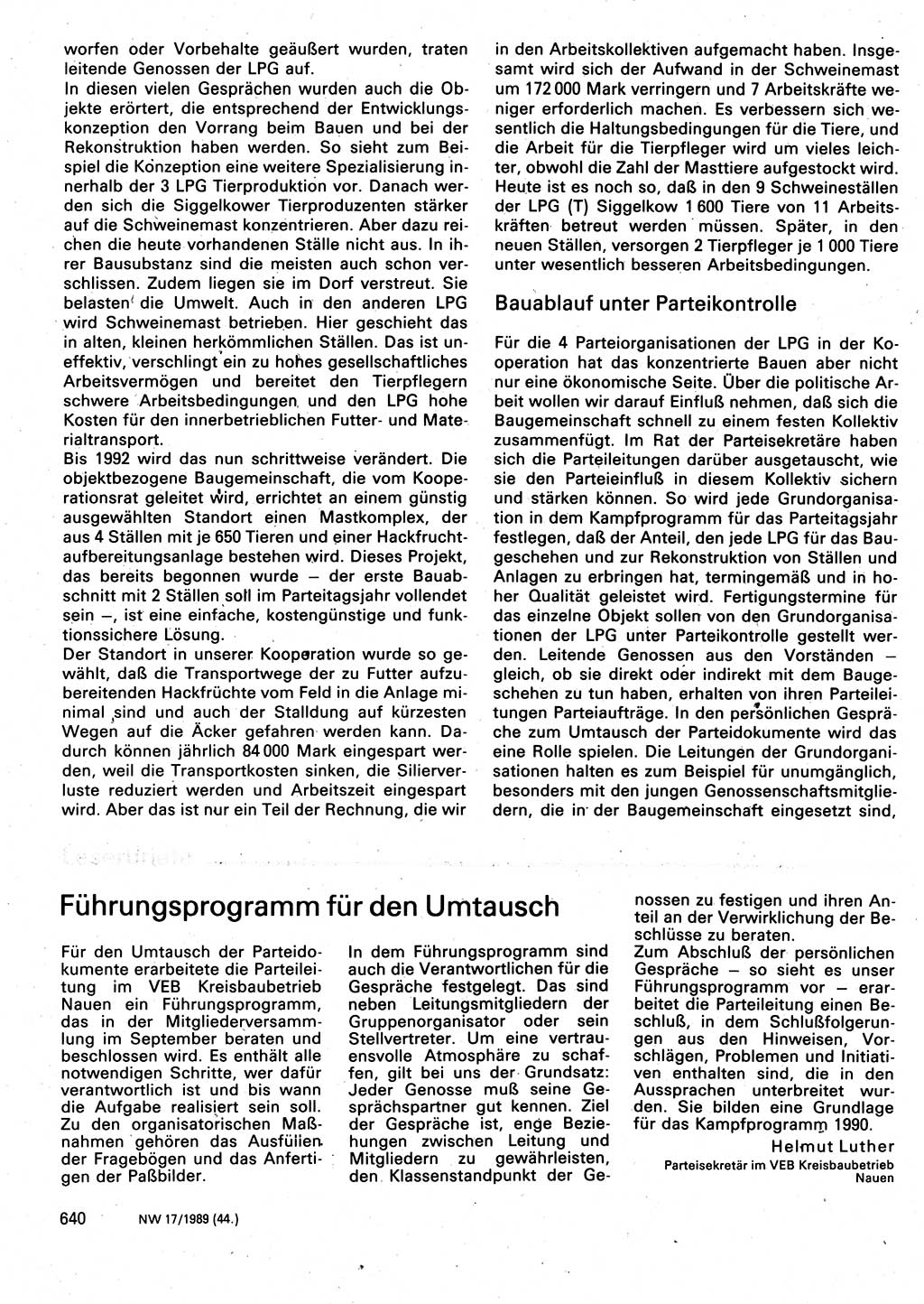 Neuer Weg (NW), Organ des Zentralkomitees (ZK) der SED (Sozialistische Einheitspartei Deutschlands) für Fragen des Parteilebens, 44. Jahrgang [Deutsche Demokratische Republik (DDR)] 1989, Seite 640 (NW ZK SED DDR 1989, S. 640)