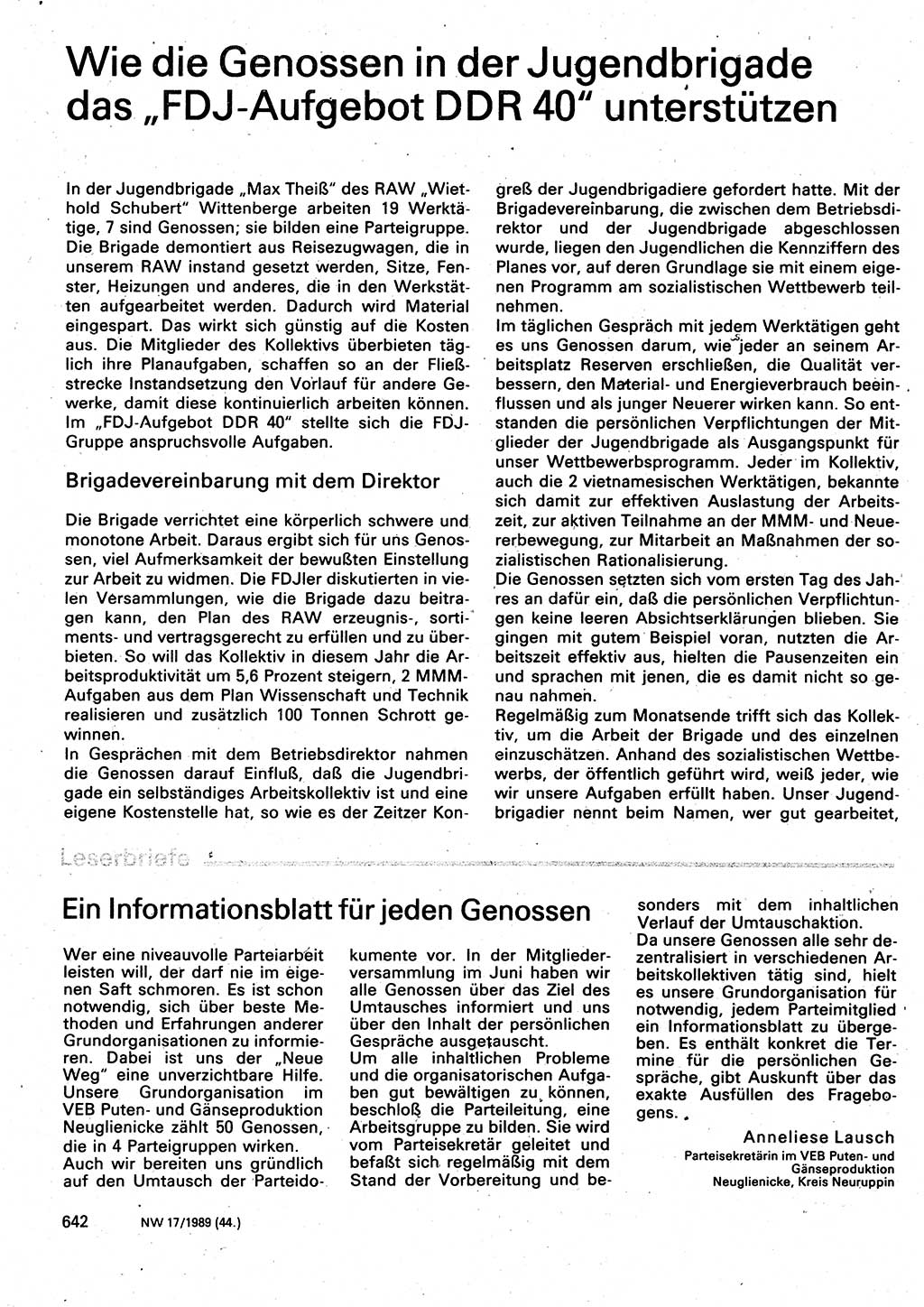 Neuer Weg (NW), Organ des Zentralkomitees (ZK) der SED (Sozialistische Einheitspartei Deutschlands) für Fragen des Parteilebens, 44. Jahrgang [Deutsche Demokratische Republik (DDR)] 1989, Seite 642 (NW ZK SED DDR 1989, S. 642)