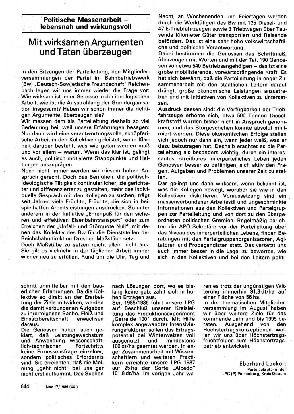Neuer Weg (NW), Organ des Zentralkomitees (ZK) der SED (Sozialistische Einheitspartei Deutschlands) für Fragen des Parteilebens, 44. Jahrgang [Deutsche Demokratische Republik (DDR)] 1989, Seite 644 (NW ZK SED DDR 1989, S. 644)