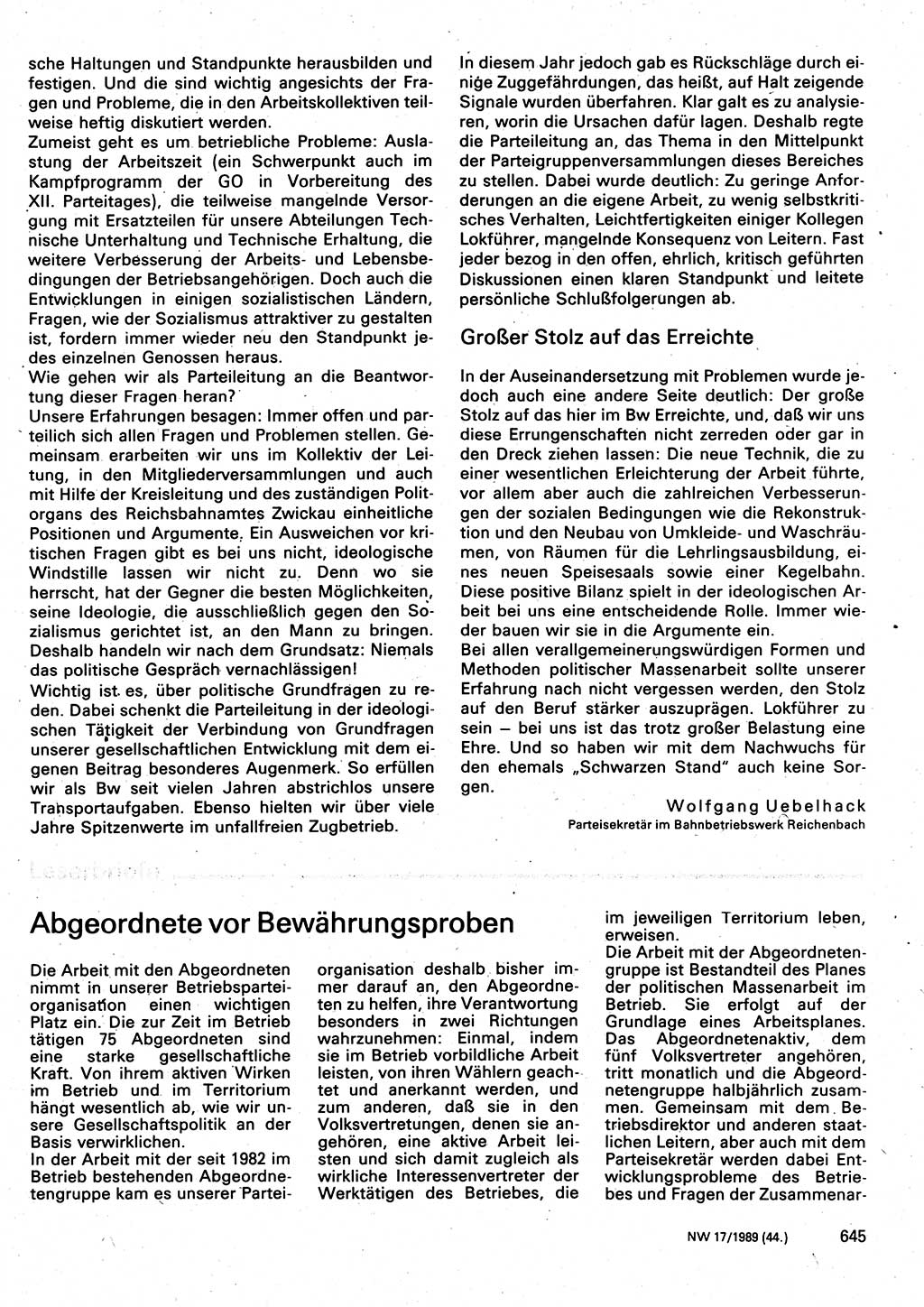 Neuer Weg (NW), Organ des Zentralkomitees (ZK) der SED (Sozialistische Einheitspartei Deutschlands) fÃ¼r Fragen des Parteilebens, 44. Jahrgang [Deutsche Demokratische Republik (DDR)] 1989, Seite 645 (NW ZK SED DDR 1989, S. 645)